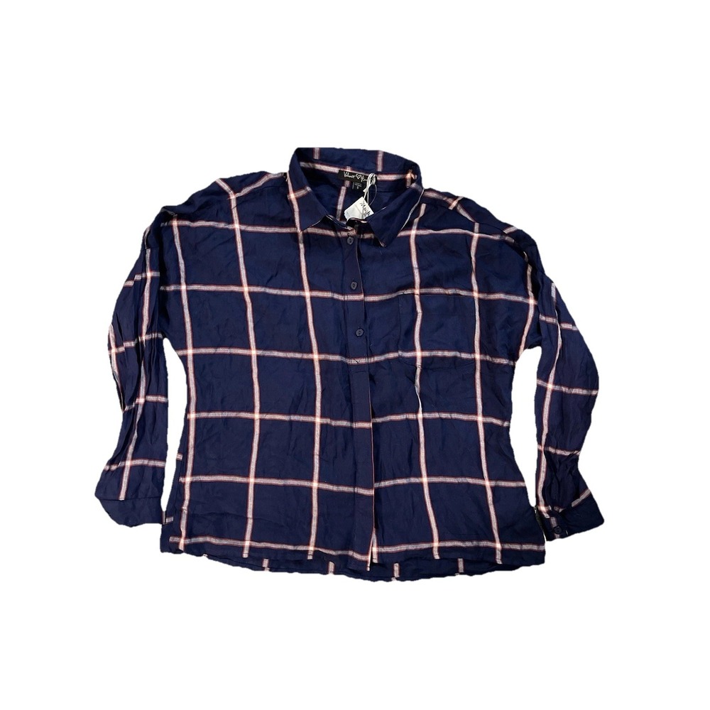Navy Pink Plaid Button Down Shirt Women's Small NWT Soft Lightweight Rayon Top - Picture 2 of 7